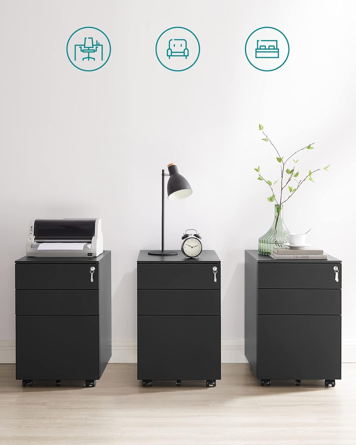 SONGMICS bureaurolcontainer met 3 laden, voorgemonteerde, afsluitbare kantoorkast met ophangsysteem