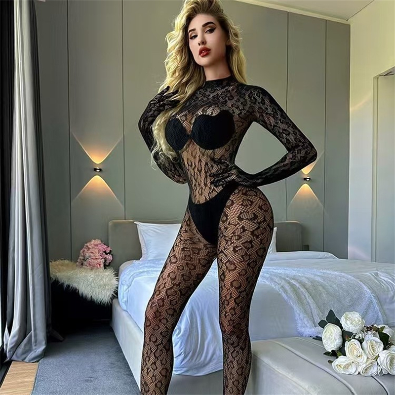 Kobiety seksowny lampart drążą siateczkowe Bodystocking bielizna kabaretki z długim rękawem przepuszczalne body kombinezon bielizna nocna SIMPLEJEWEL