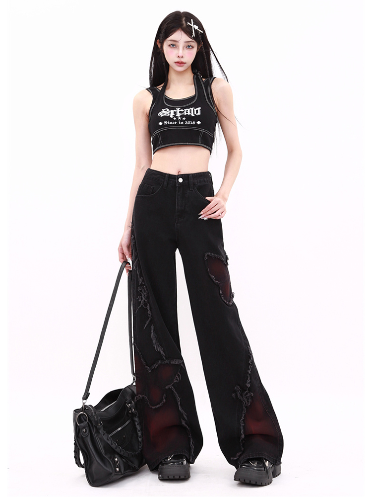 WCFCX スタジオ女性の黒だぶだぶのジーンズ原宿 Y2k 美的蝶デニムパンツ韓国ジーンズパンツヴィンテージワイドレッグパンツ