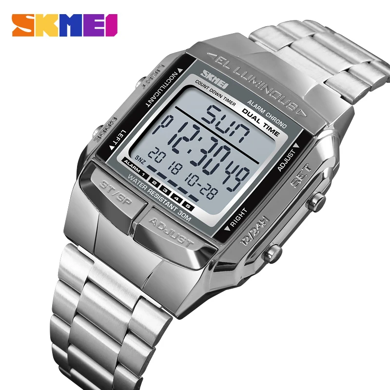 Clearance_SKMEI Mode Hintergrundbeleuchtung Digitale Sportuhr Männer Edelstahlarmband Wecker Countdown Glas Spiegel Armbanduhr