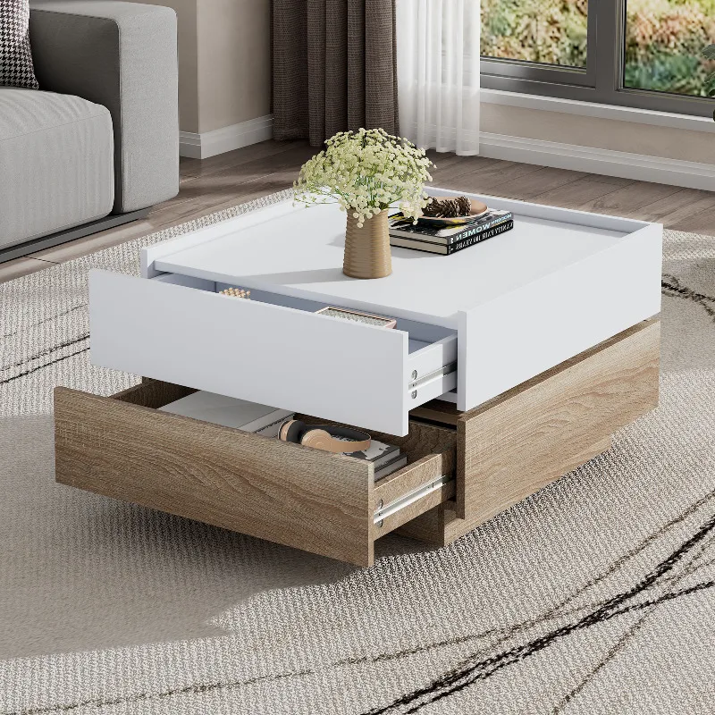 Multifunktionaler Couchtisch, Wohnzimmer-Beistelltisch, 360° °   Drehbare Tischplatte, mit zwei Regalen und Aufbewahrungsschrank, 60*60*38 cm