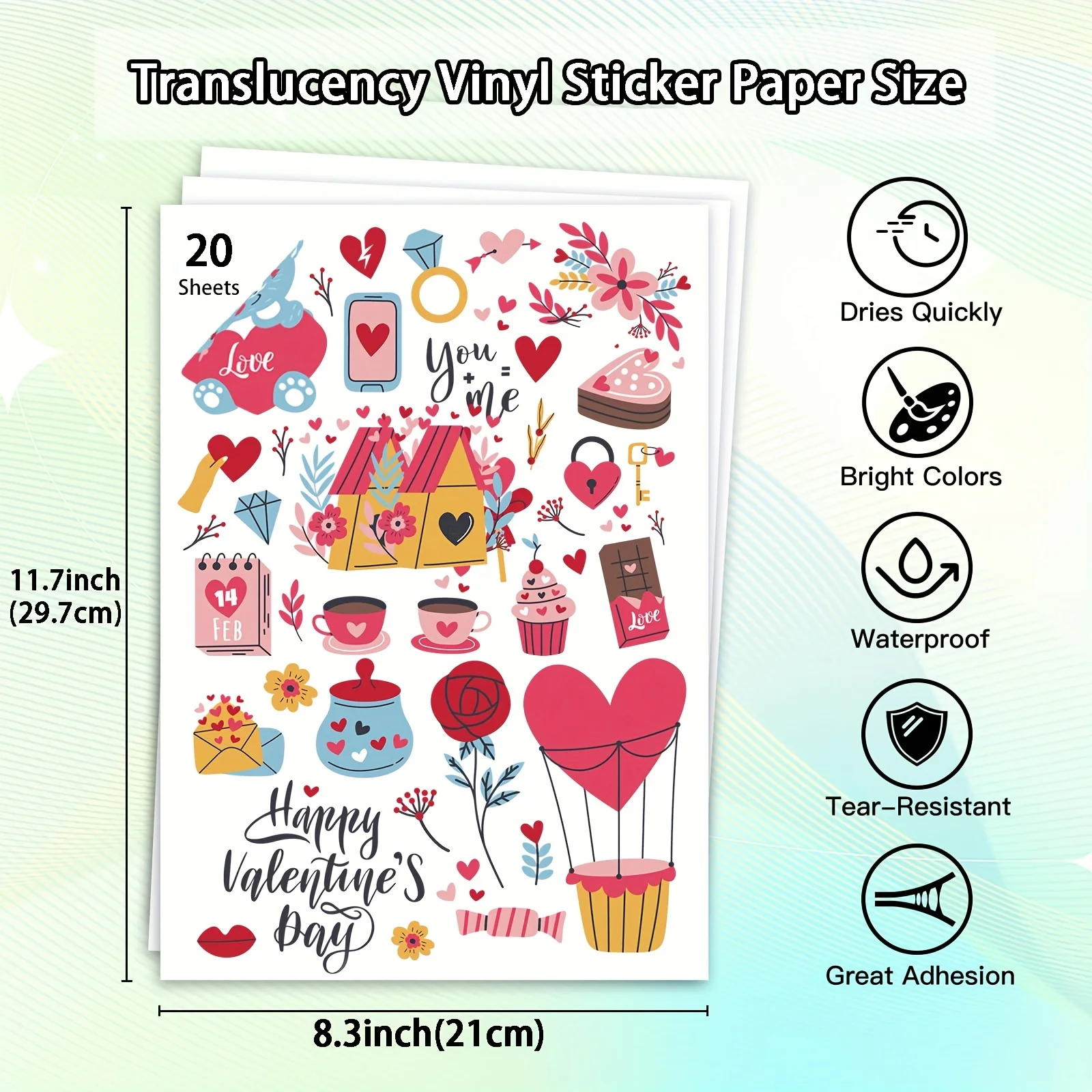 20 hojas de papel adhesivo de vinilo imprimible, translúcido A4 (8,3x11,7 pulgadas) 65% hojas autoadhesivas transparentes, impermeable, se seca rápidamente