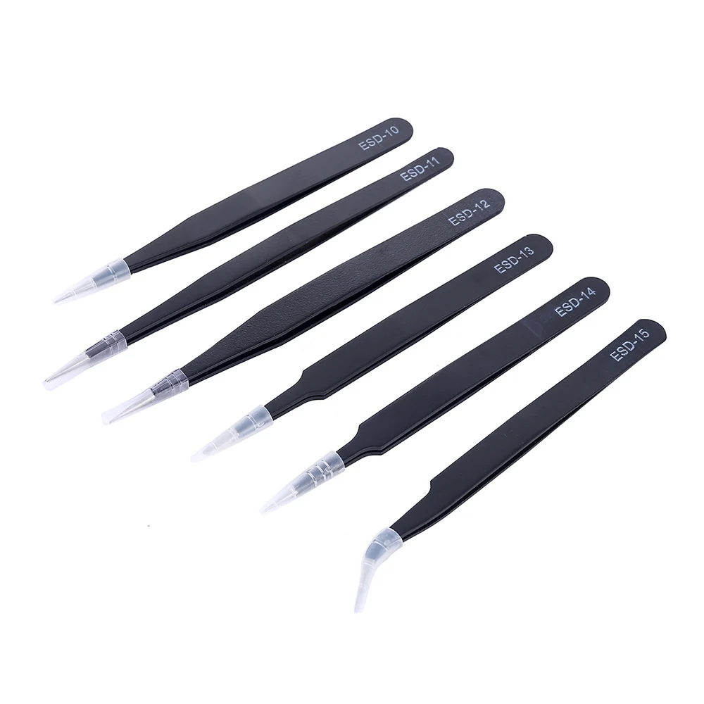 6Pcs Anti-static ESD Tweezers Maintenance Tool Industrial Precision Curved Straight Tweezers Repair Tools Set