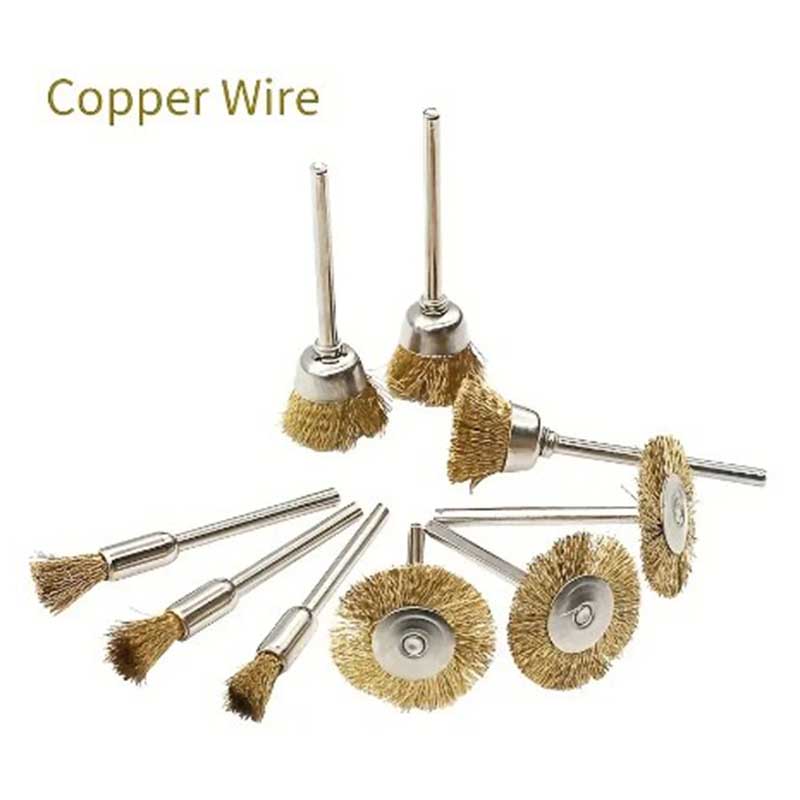 9pcs Steel Wire Brass Brush Rotary Tool Electric Dremel Drill Bit Polishing Grinding Wheel T-shaped Brush Accessories