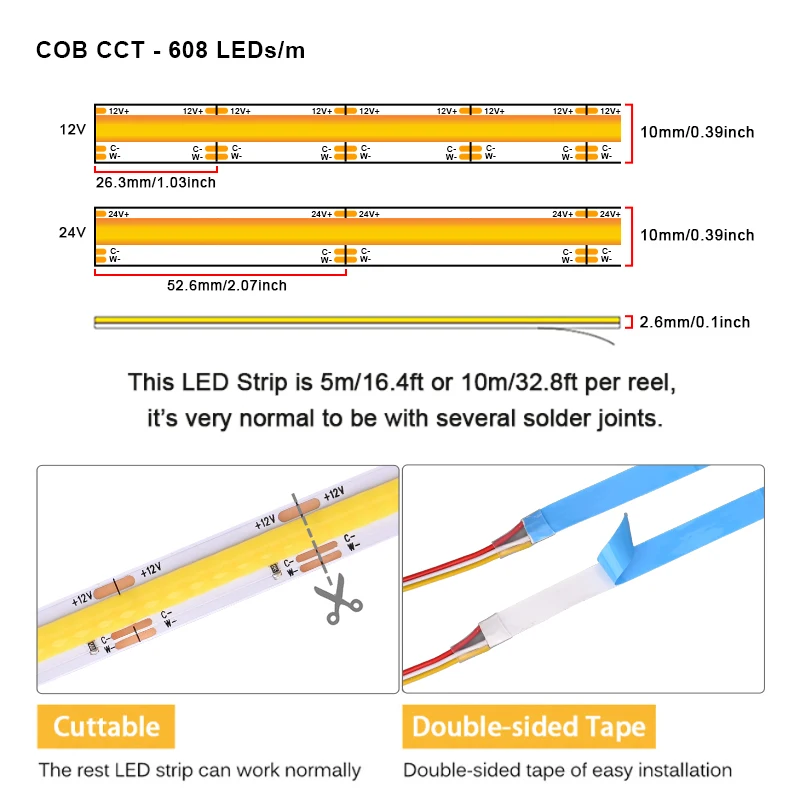UL-gelistetes COB-CCT-LED-Streifenlicht, 2700 K bis 6500 K, wechselbar, 608 LEDs/m, flexibel, RA90, dimmbar, FOB-LED-Linearlichter, DC12 V, 24 V