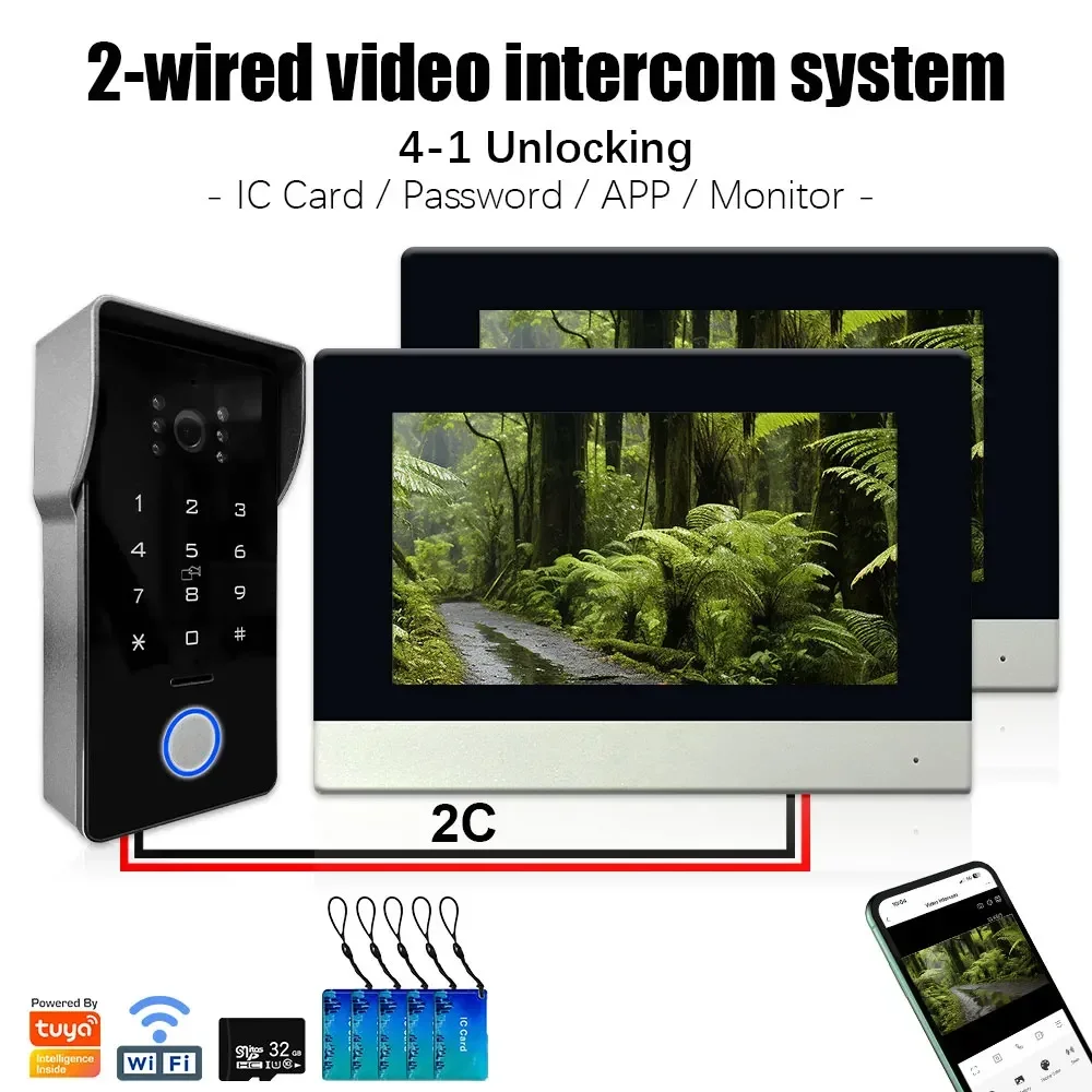 Tuya Smart IP 2-Draht-Türklingel-Video-Gegensprechanlage mit Passwort-IC-Karte entsperren 1080P 7-Zoll-Touchscreen