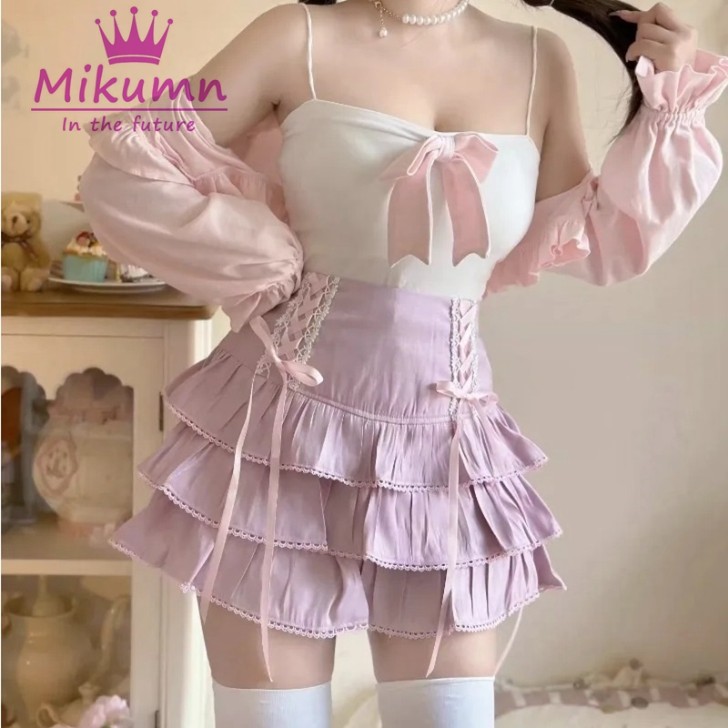 Mikumn Japanische Harajuku Mädchen Kawaii Spitze Faltenröcke Frauen Hohe Taille Schleife Schnürung Fee Y2k Ästhetische Niedliche Kuchen Miniröcke