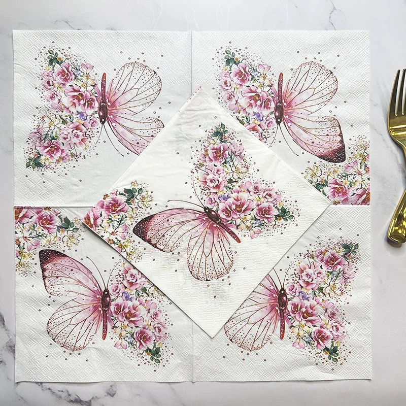 20pcs 33cm 2Layer New Butterfly Printed Napkins Pink Butterfly Flowers Party Decoration Paper Picnic Mat DIY Decoupage Paper