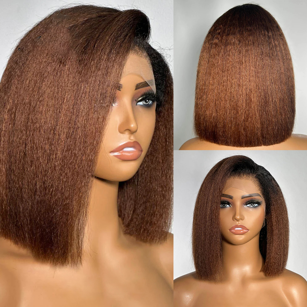 Yaki Preplucked Długie Ombre Brązowy 180% Gęstość Krótki Bob Perwersyjne Prosta Koronkowa peruka przodu BabyHair Syntetyczny Żaroodporny Codzienny