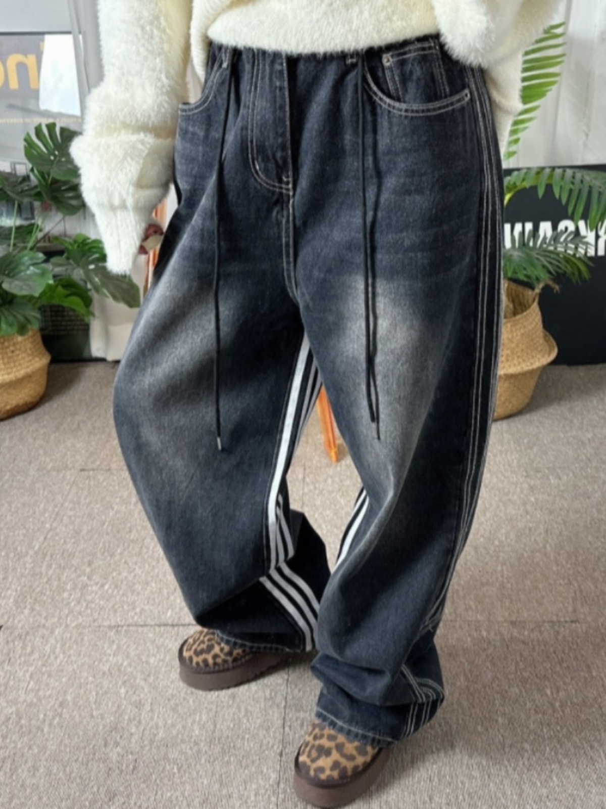 Loose Women's Jeans Adjustable Waist Vintage Side Stripe Design Fashionable High Waist Wide Leg Pants Spring Autumn Casual Wear
