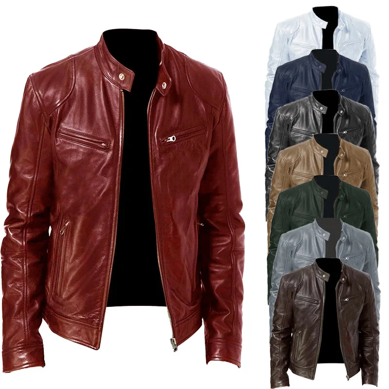 Chaqueta de cuero para hombre Otoño Invierno Caballero de negocios cálido cárdigan con cremallera bolsillo chaqueta de cuero PU cuello alto abrigo delgado