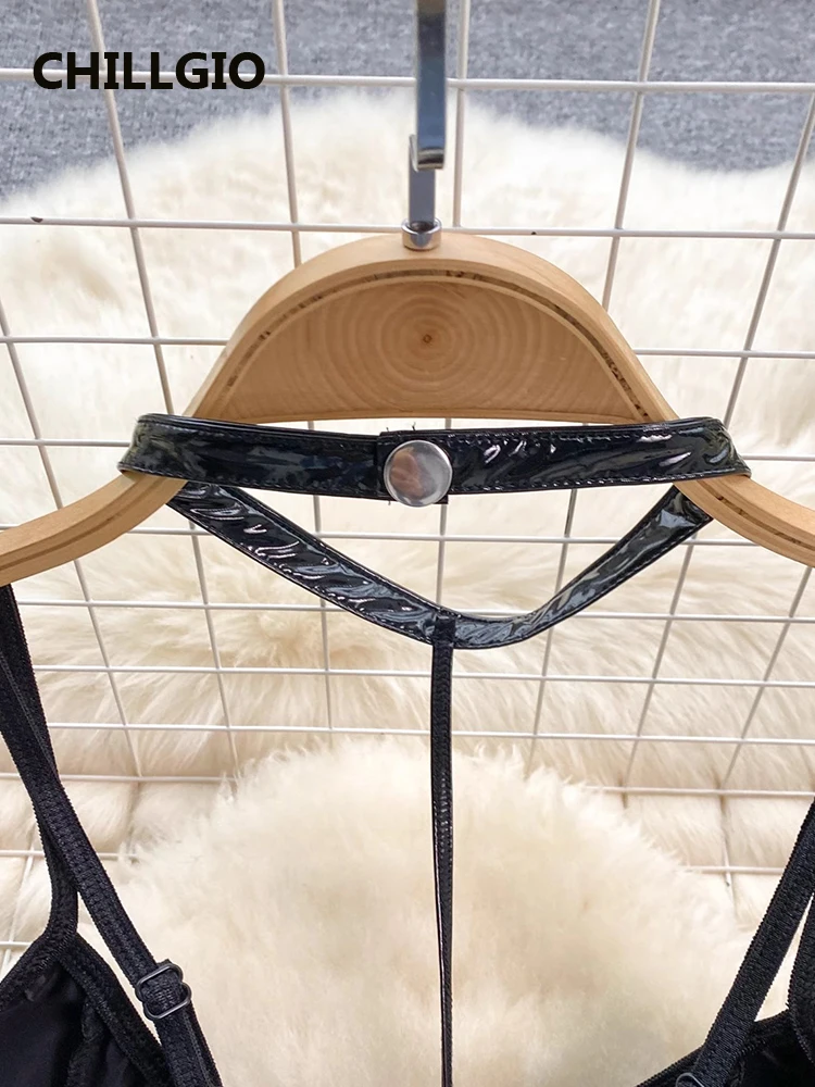 CHILLGIO, monos sexis de PU con cremallera para mujer, monos eróticos de moda con cuello Halter, monos ajustados con combinación de una pieza sin espalda
