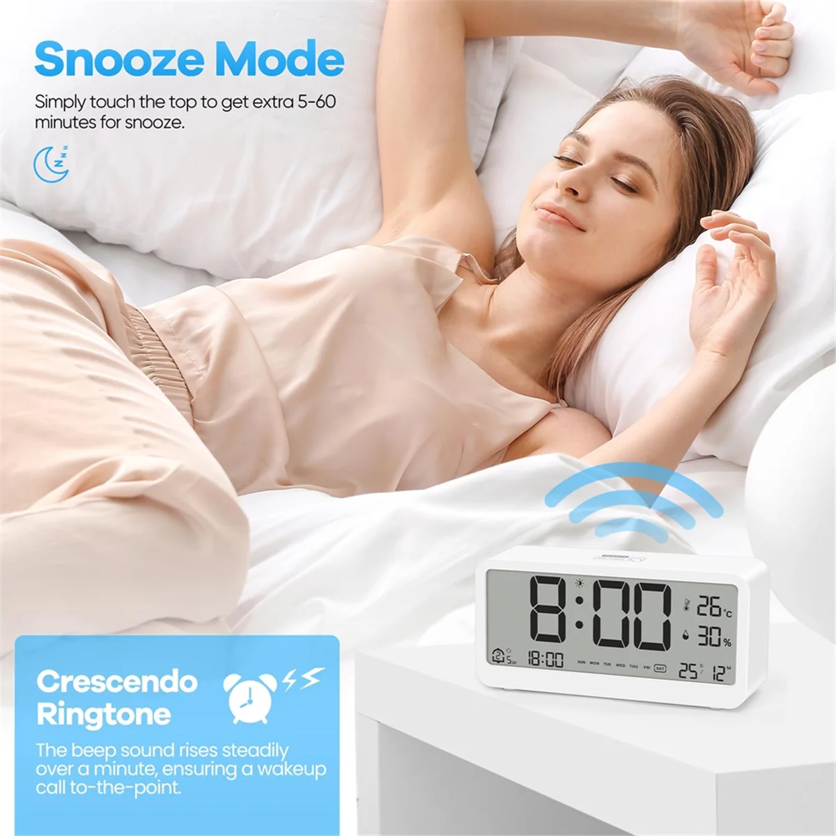 A72P Digital Alarm Clock with Large LCD Display,Loud Ringtone for Efficient Wake Up,Multifunction with Temperature