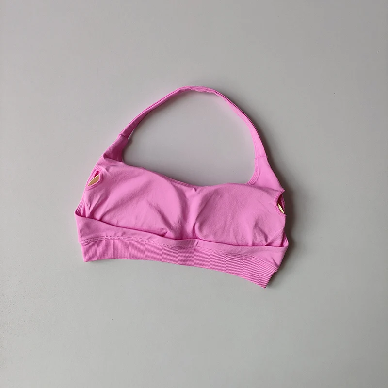 กีฬา Bra ผู้หญิงกันกระแทก Seamless Halter Top สูงสนับสนุน Push-up เปิดกลับ Gym สวมใส่ฟิตเนสโยคะออกกําลังกายชุดชั้นใน