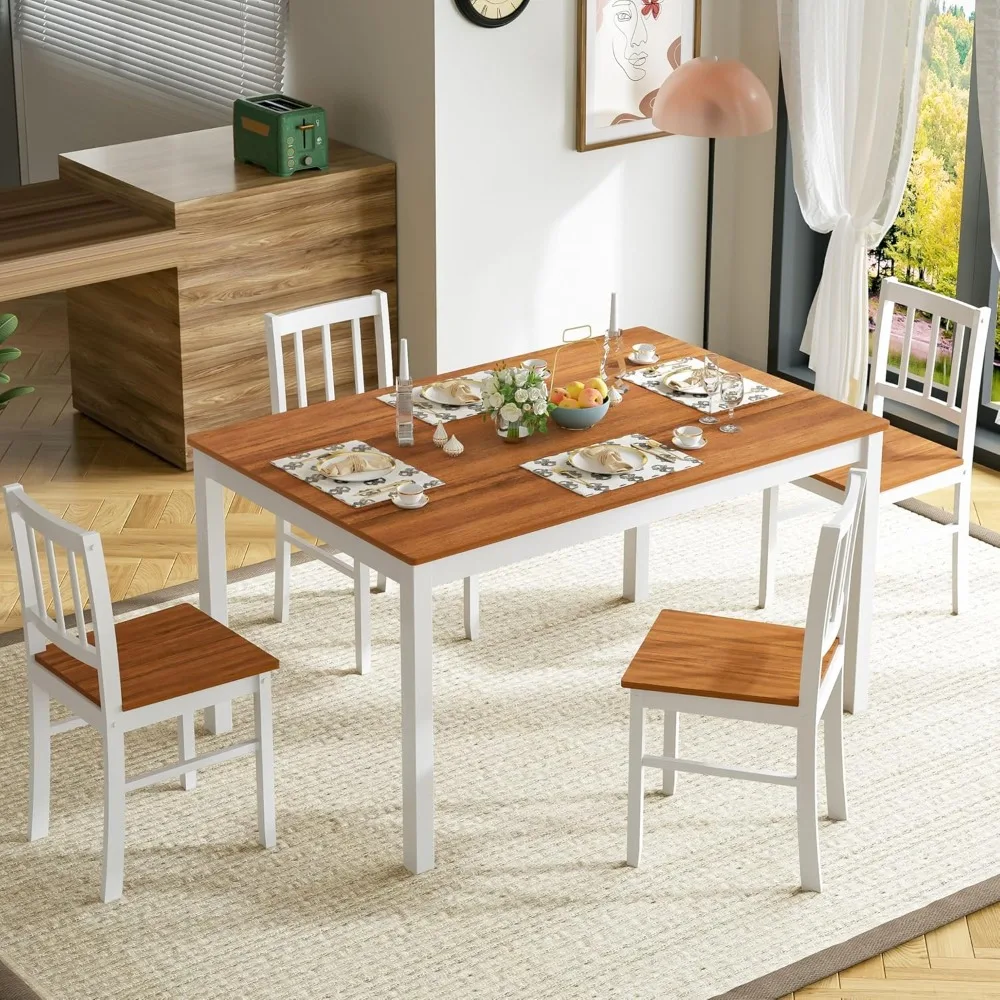 5-Piece Farmhouse Dining Table Set for 4 - Space-Saving Kitchen Dinette Set with 4 Chairs & Rubber Wood Legs