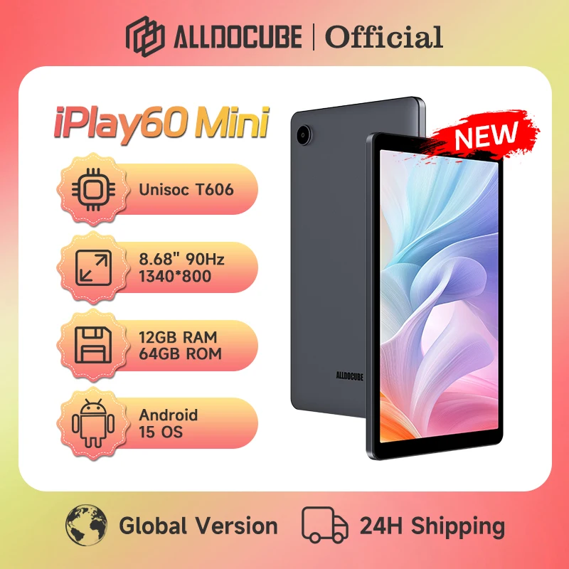 ALLDOCUBE iPlay60 minitablet 8,68 '' 90 Hz display Unisoc T606 Android 15 12 GB (4 GB + 8 GB virtueel) RAM 64 GB ROM LTE-tablet 4000 mAh