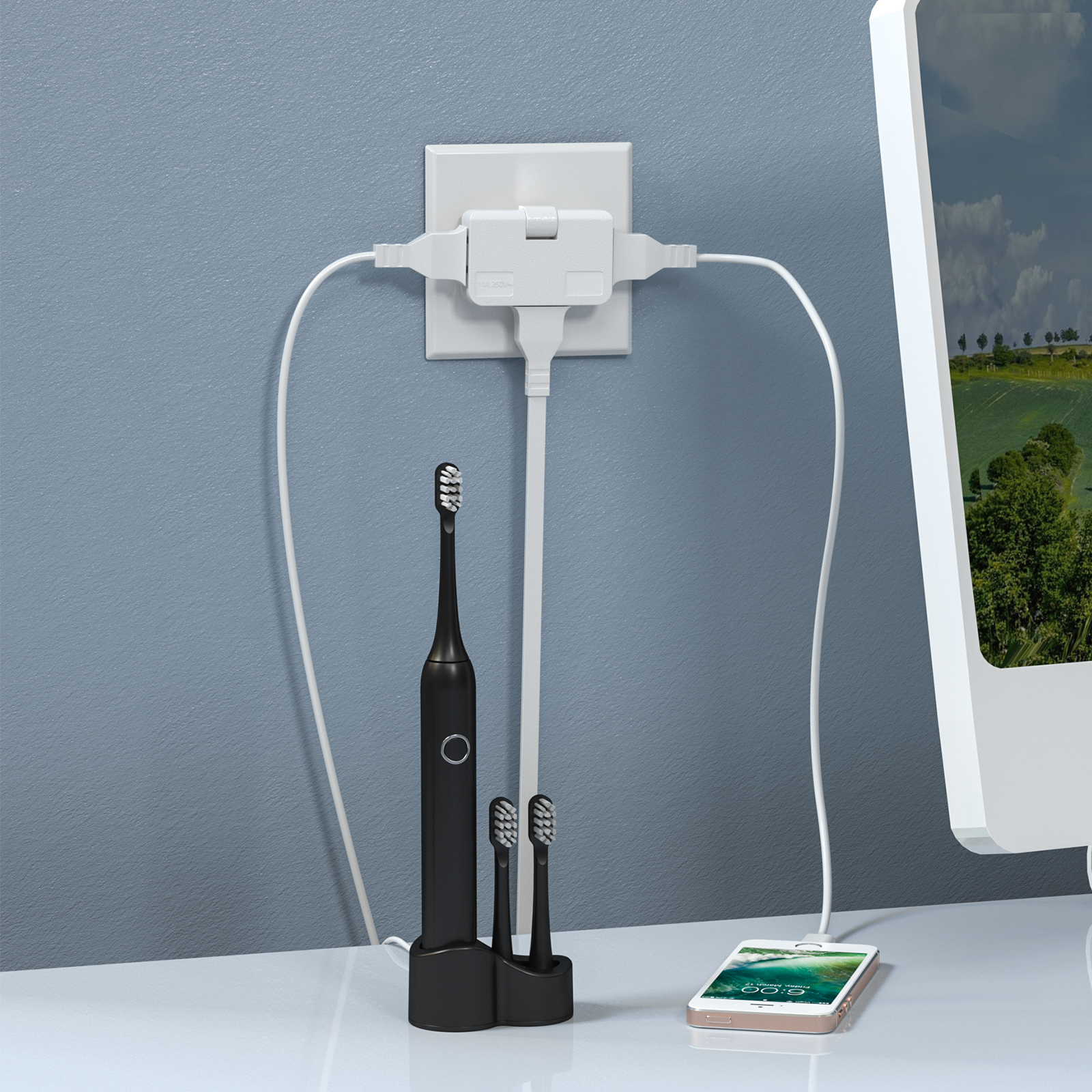 3-in-1 US wall socket, 180-degree rotatable 2-pin power adapter extender, suitable for the United States, Canada and Mexico