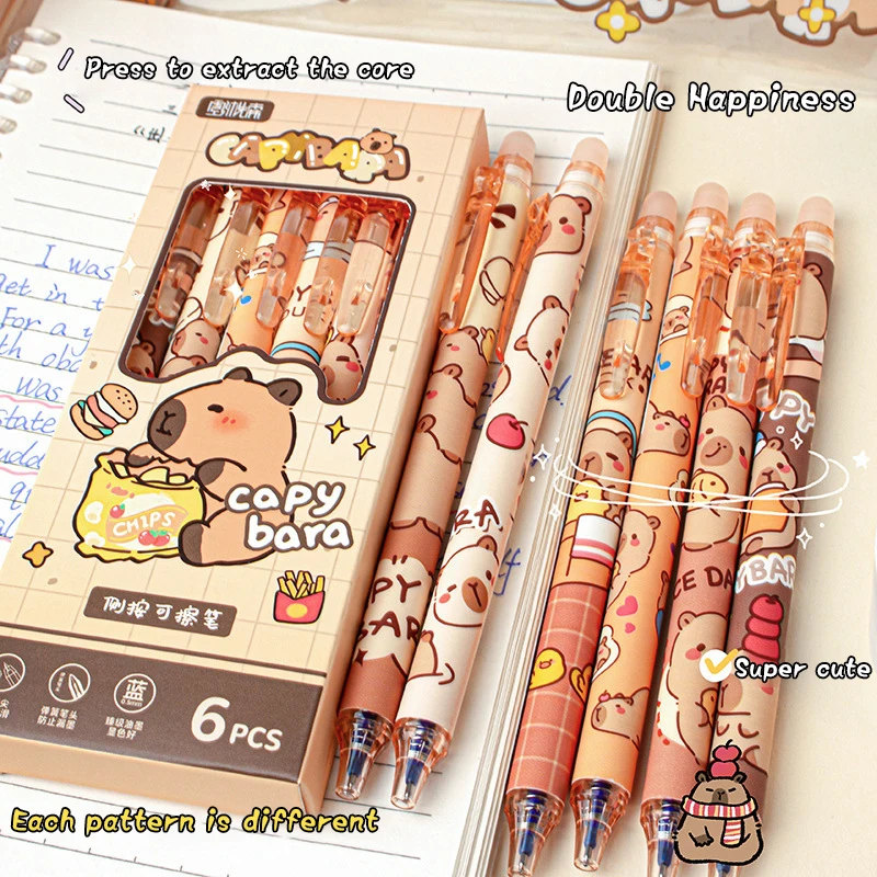 Cute Capybara Gel Pens - 6Pcs Kawaii Pen Set Quick-Drying Blue Erasable for Office School Kawaii Aesthetic Stationery