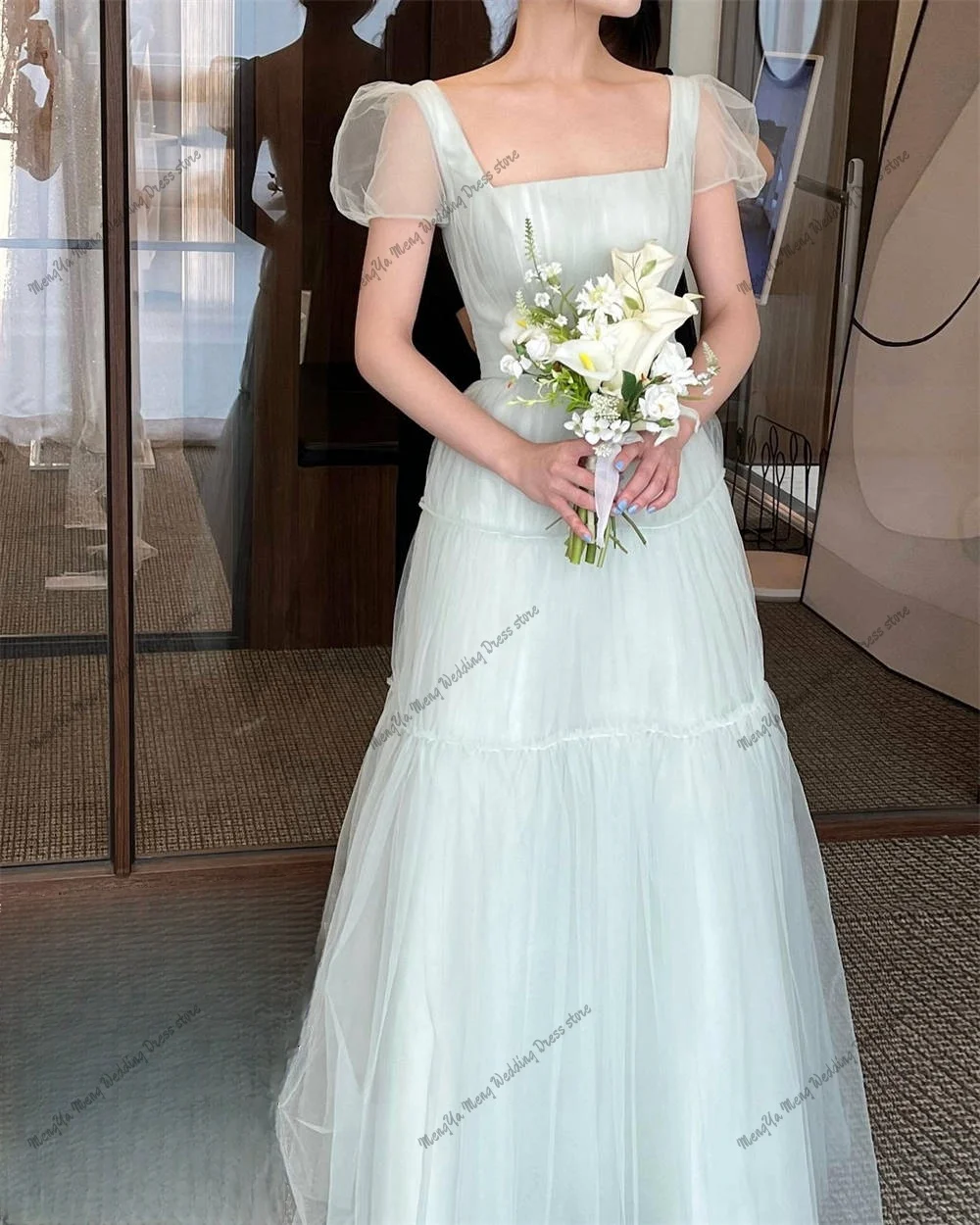 Fada tule a linha vestidos de casamento coreano sessão de fotos puff mangas curtas vestidos de baile até o chão vestido de festa de noiva personalizado