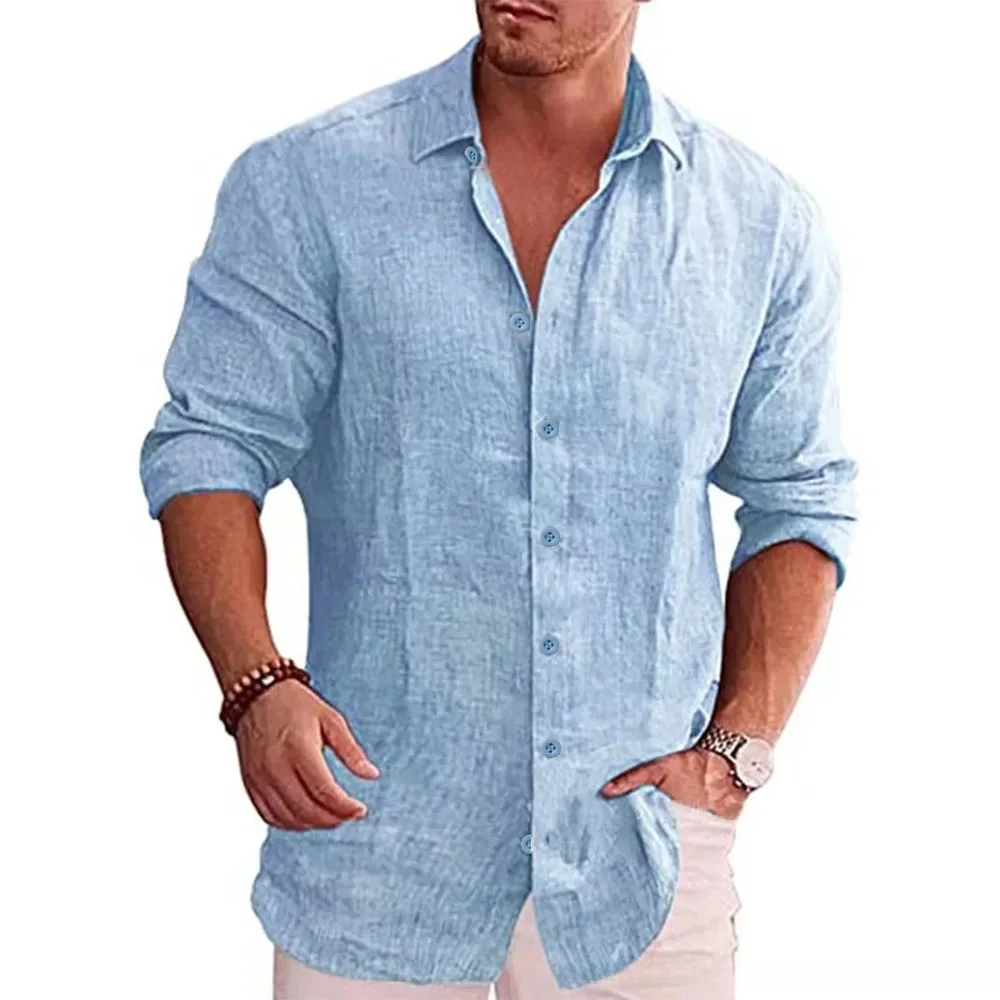 Camisa de manga larga de algodón y lino para hombre, superventas de otoño, Color sólido, estilo informal, camisa de lino informal de talla grande para hombre