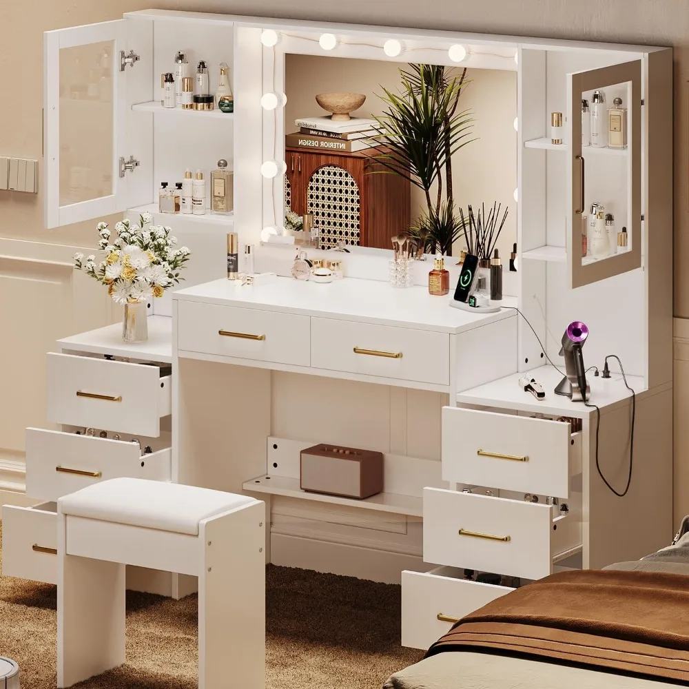 White Vanity with Mirror, Light, and Charging Station, 58.3-inch Vanity with 3 Lighting Modes, 8 Drawers, 2 Cabinets