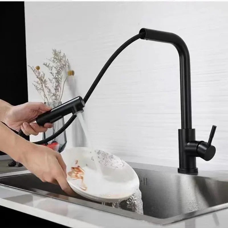 Free Shipping Black Pull Out Kitchen Sink Faucet Two Model Stream Sprayer Nozzle Stainless Steel Hot Cold Wate Mixer Tap Deck