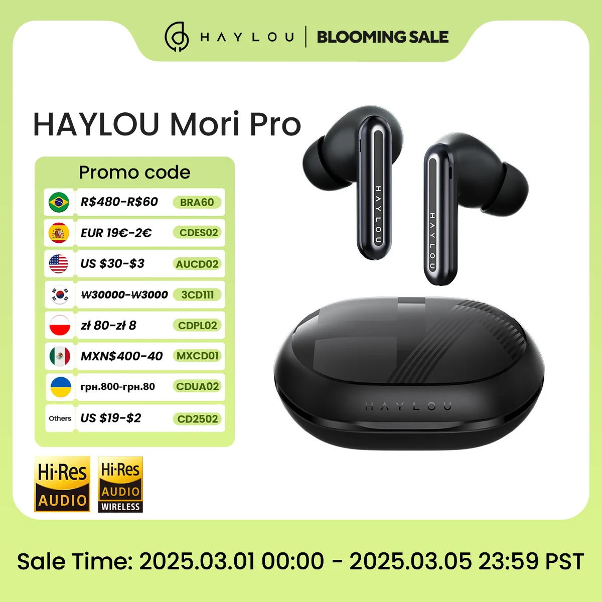 HAYLOU Mori Pro Bluetooth 5.4 Earphones -43dB ANC Active Noise Cancellation Earbuds 6 Mic Wireless Headphones 35H Battery Life