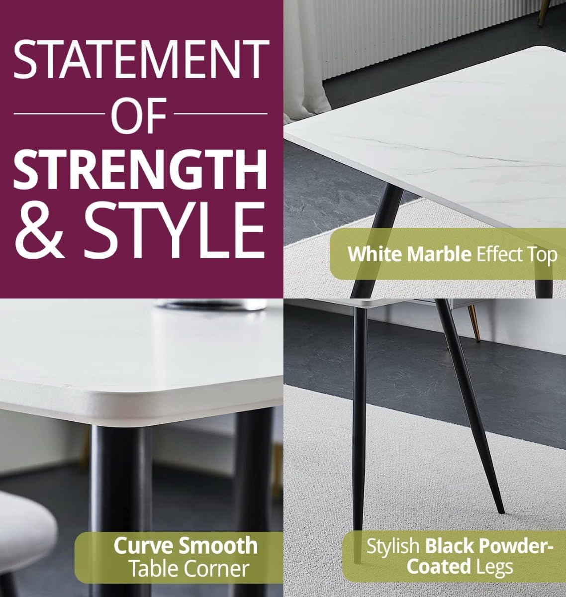 Furniture Cullompton Small Table, Rectangular Dining Table, Kitchen Table with White Marble Effect Top and Black Legs,