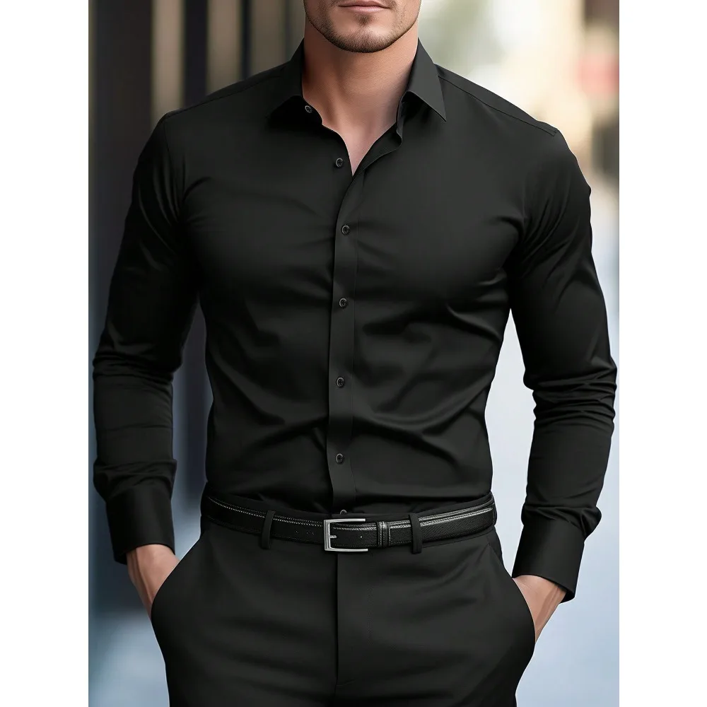 FGKKS nueva camisa para hombre a estrenar Color sólido manga larga tela elástica para hombre varios colores camisa básica de calidad masculina