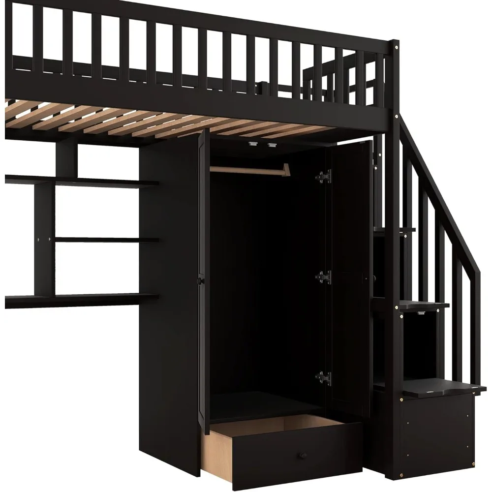 Twin Size Loft Bed with Bookshelf, Wardrobes and Storage Staircase, Multi-Function Solid Wood High Stairway Loft Bed Frame Kids