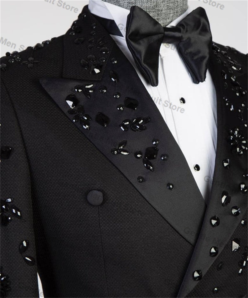 Luxury Crystals Men Suits Set 2 Piece Blazer+Pant Black Prom Groom Wedding Tuxedo Coat Tailored Made Formal Office Jacket