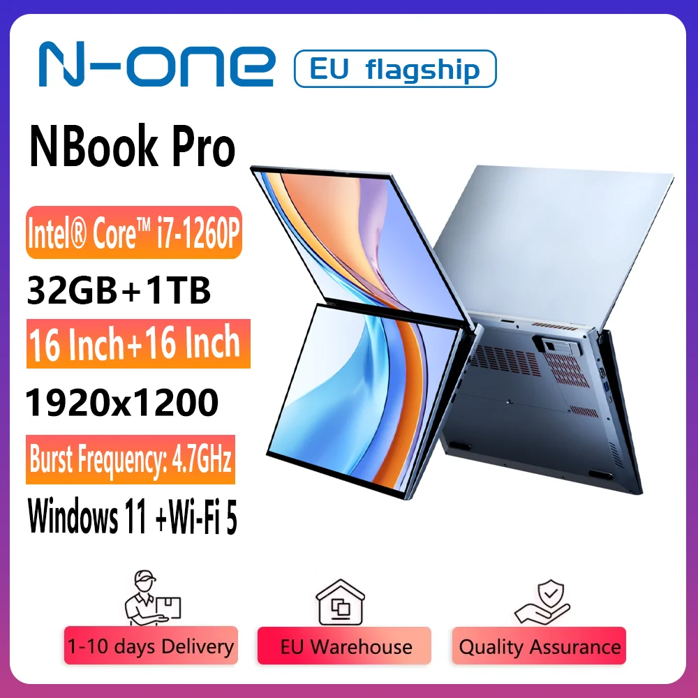 N-one NBook Pro Laptop a doppio schermo da 16 pollici + 16 pollici Intel Core i7-1260P (12C/16T Fino a 4,7 GHz) Laptop da 32 GB DDR4 1 TB SSD 1920x1200