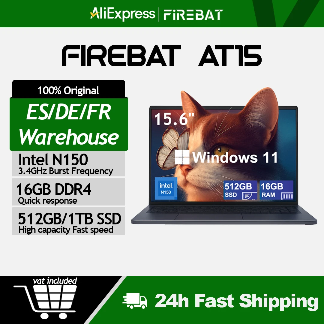 FIREBAT AT15 15,6-Zoll-Laptop 2025 Intel N150 16 GB DDR4 RAM M.2 2280 512 GB 1 TB SSD 1920 * 1080 Windows 11 Laptops Computer