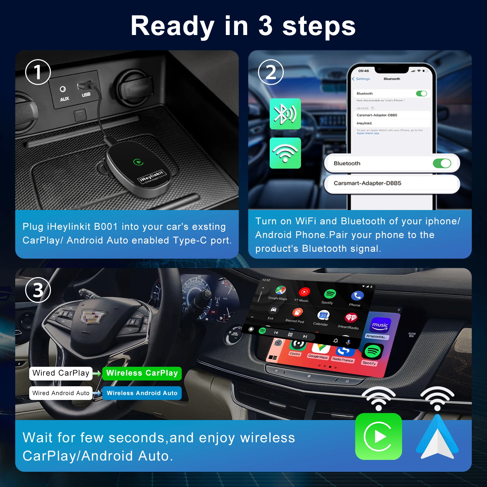 IHeylinkit nuevo 2 en 1 Ai Box Mini inalámbrico Carplay Android adaptador inalámbrico automático conectividad inteligente para la mayoría de los modelos de vehículos