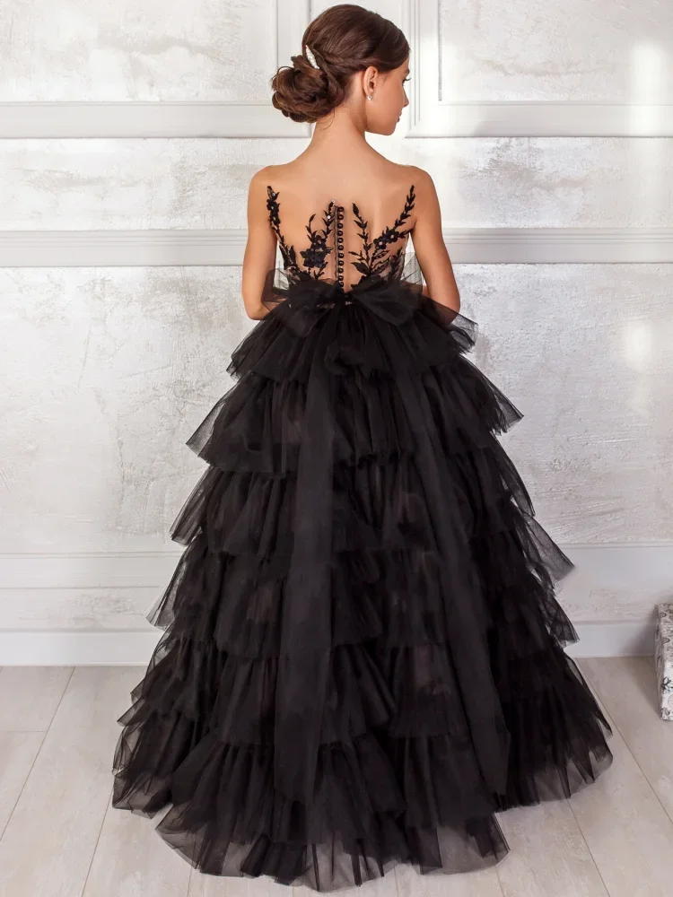 Spitzenapplikationen, mehrlagig, ärmellos, für Mädchen, Kindergeburtstag, Ballkleid, Erstkommunion, schwarze Blumenmädchenkleider für die Hochzeit