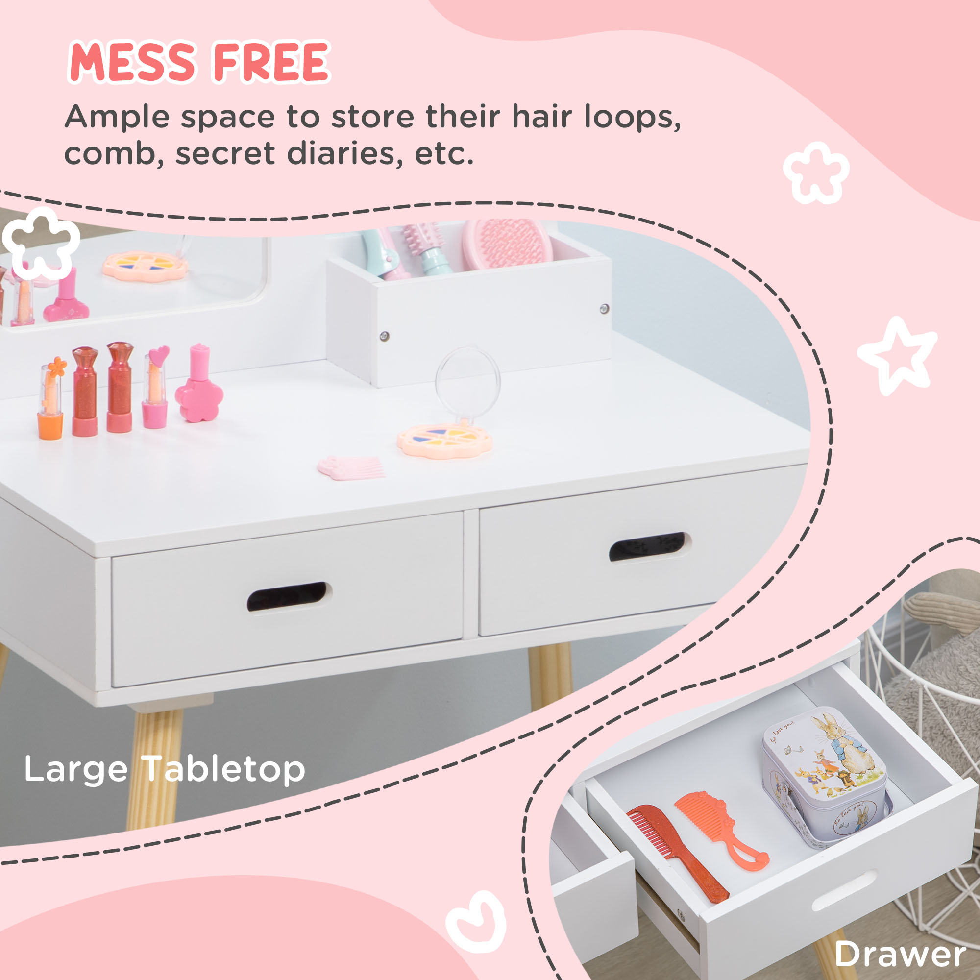 ZONEKIZ Commode pour fille de 3 à 6 ans avec tabouret et miroir 60x40x95 cm Blanc