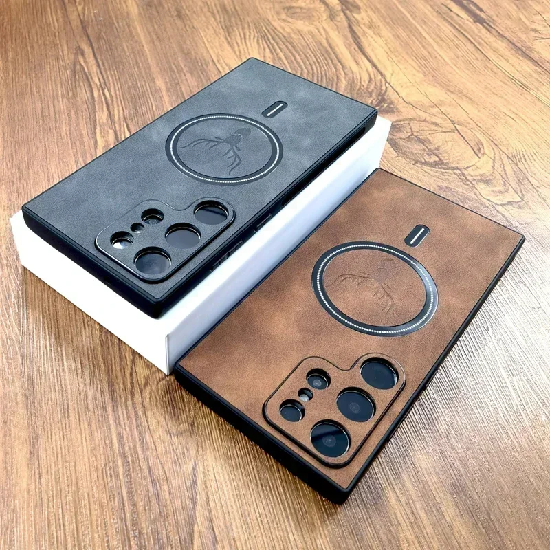Funda de cuero PU Vintage para carga inalámbrica Magsafe para Samsung Galaxy S25 S24 S23 S22 S21 Ultra Plus FE Note 20 S 24