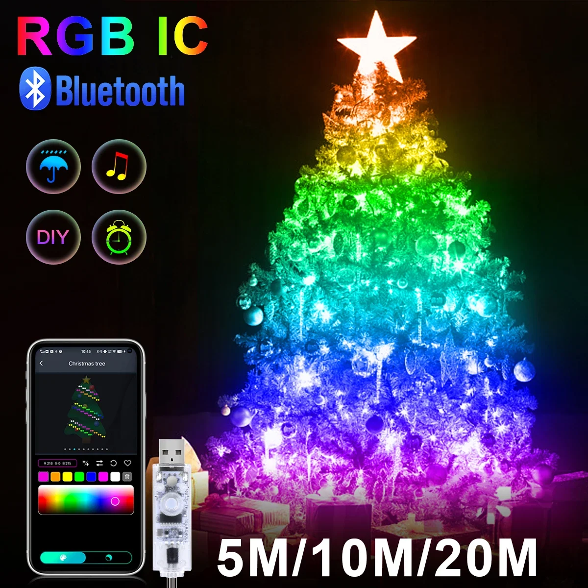RGBIC LED String WS2812B Bluetooth USB Musica Sogno Colore Luce 5V Natale Festa di compleanno Ghirlanda Decor Lucine per la casa