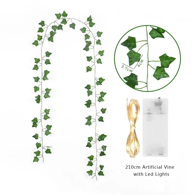 2 เมตร LED light string ประดิษฐ์สีเขียว Vine บ้านคริสต์มาสงานแต่งงานเจ้าสาวสวนแขวนพืชสีเขียวปาร์ตี้ตกแต่ง DIY