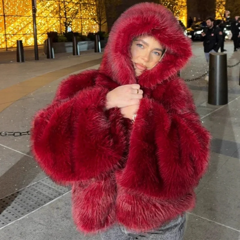 Trendix красное пальто с капюшоном из искусственного меха Femme, модный однотонный кардиган с рукавами большого размера, топ 2025 года, зимняя новая роскошная элегантная верхняя одежда