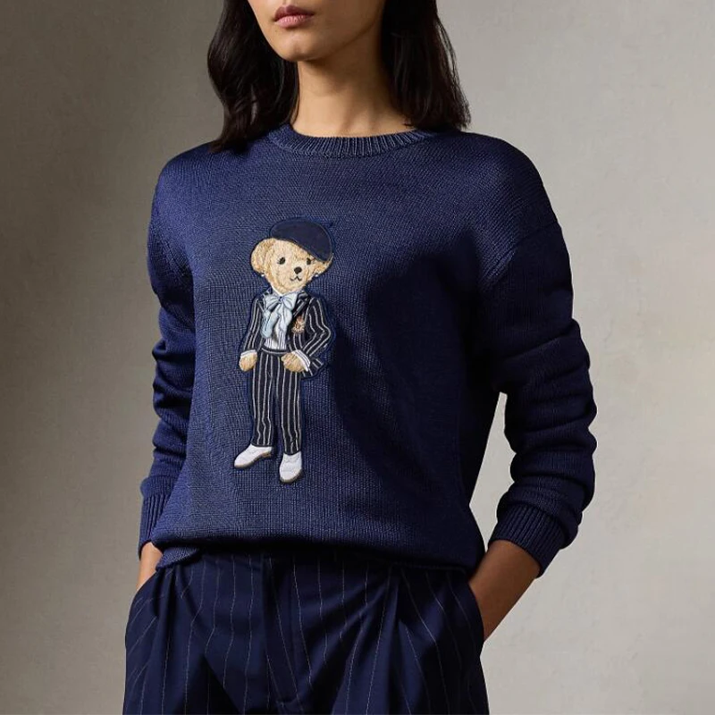 Luxury Brand Cricket Bear Knit Sweater Loose Pullover Long Sleeve RL Tops 2024 Autumn Winter Women Lauren Knitwear Coat Clothing