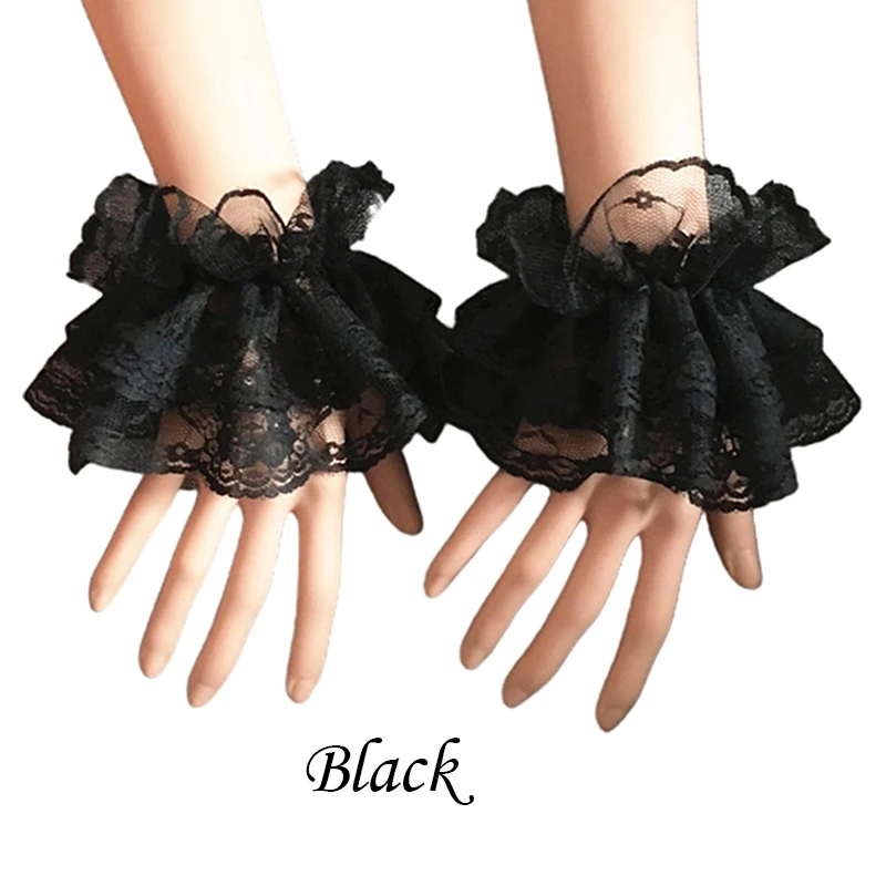 2 ชิ้น/คู่ Lolita มือข้อมือ Ruffled ดอกไม้ลูกไม้สีดําสร้อยข้อมือ Elegant ผู้หญิงหญิงนาฬิกาข้อมืออุ่นถุงมือ