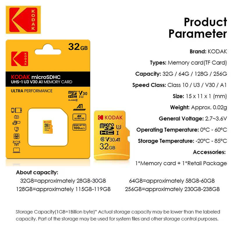 Tarjeta Micro SD KODAK, tarjeta De memoria Clase 10, 64GB, 128GB, U3, 4K, alta velocidad, Cartao De Memoria Flash C10 V30, memoria TF Mecard para cámara