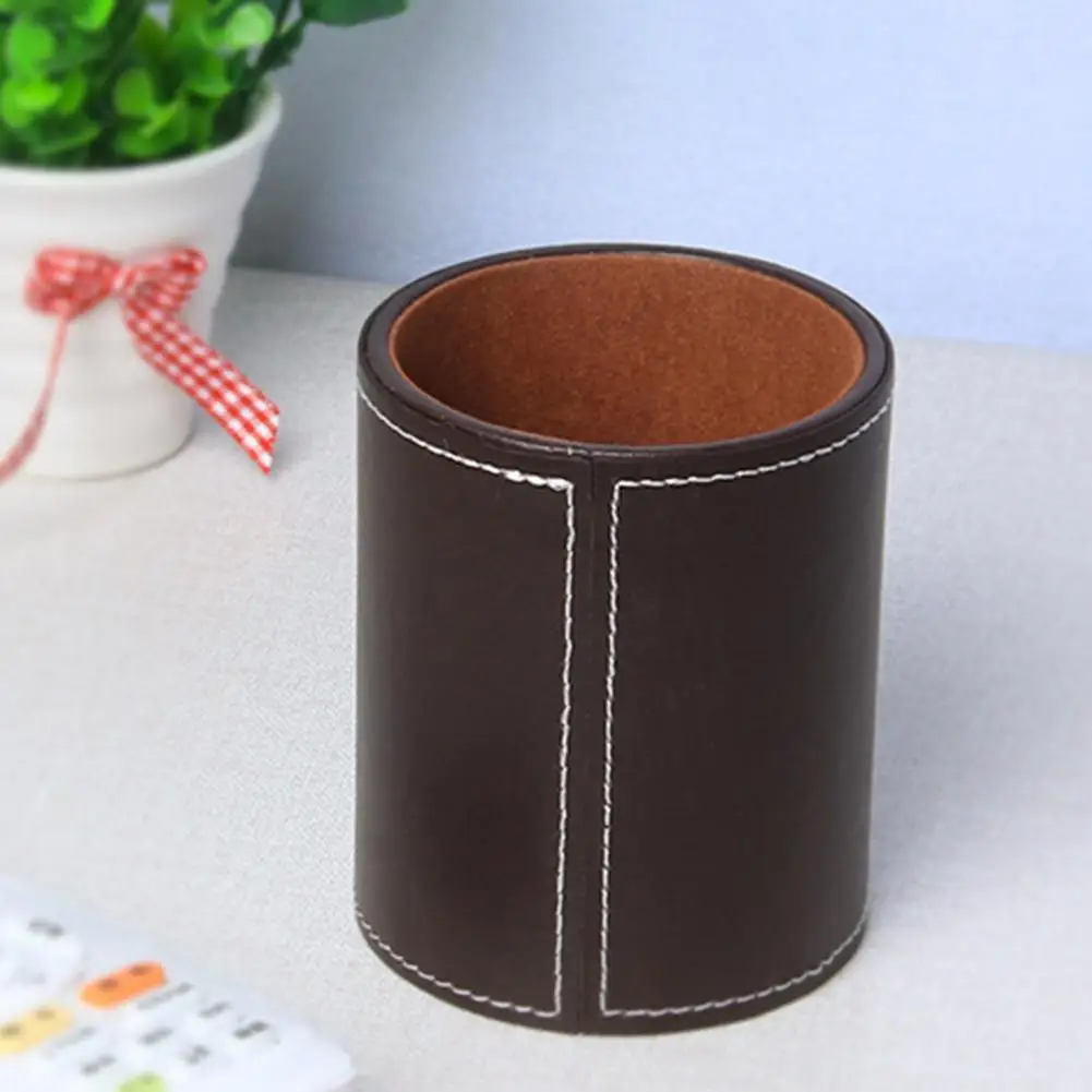 Pen Container Large Capacity Simple Style Compact Size Save Space Faux Leather Round Pen Holder Desktop Stationery Storage Box