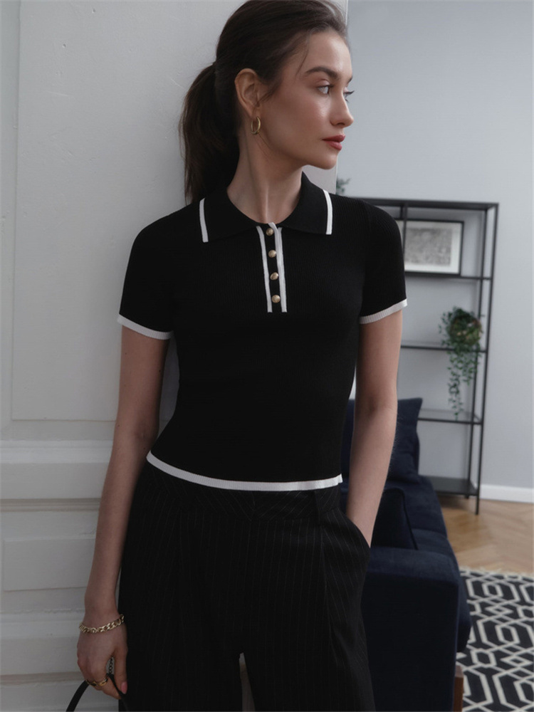 Glänzende Strick pullover Pullover Frauen Kurzarm Patchwork schlanke Revers elegante Kontrast Strickwaren Top weibliche dünne gerippte Pullover