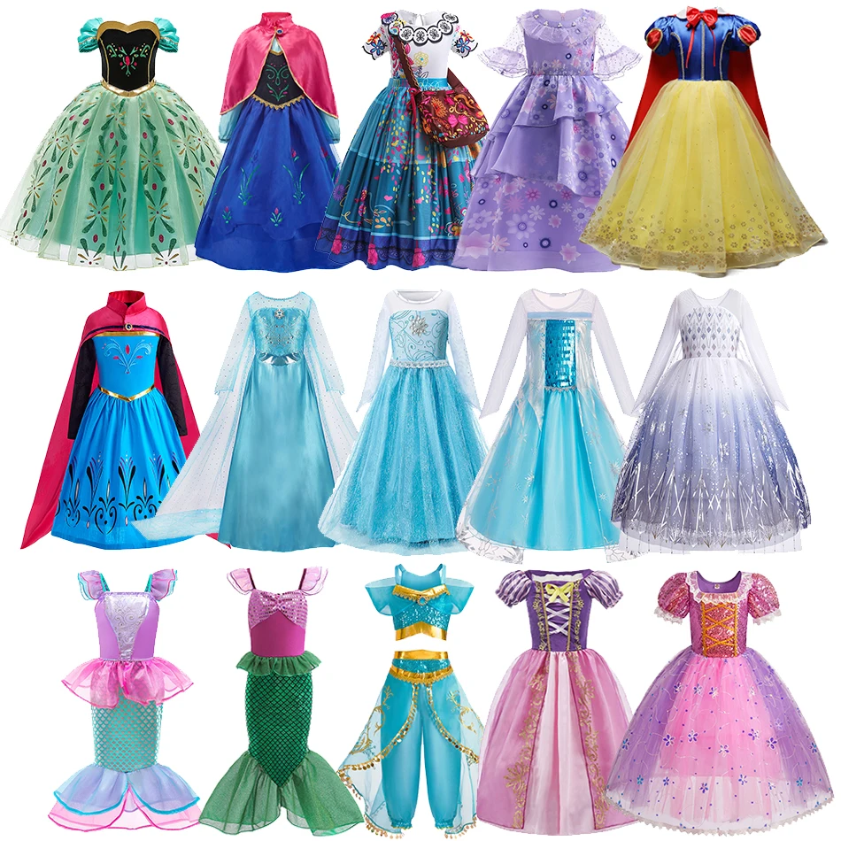 Vestito da ragazza Elsa Anna Vestito da principessa per bambini Vestito da carnevale per bambini Jasmine Rapunzel Spettacolo di fiori Travestimento Cosplay Costume di Natale