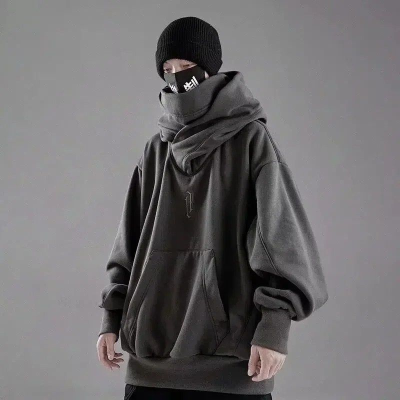 Sudadera con capucha de cuello alto con bordado de otoño para hombre, sudaderas con capucha de gran tamaño de Ninja japonés, ropa informal con bolsillo de lana de Hip Hop, Sudadera con capucha Y2K