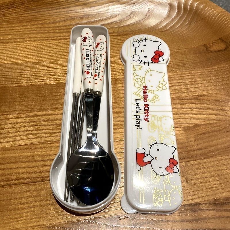 Sanrio Anime Hello Kitty vajilla cuchara palillos tenedor vajilla de acero inoxidable juego estudiantes van a trabajar vajilla portátil