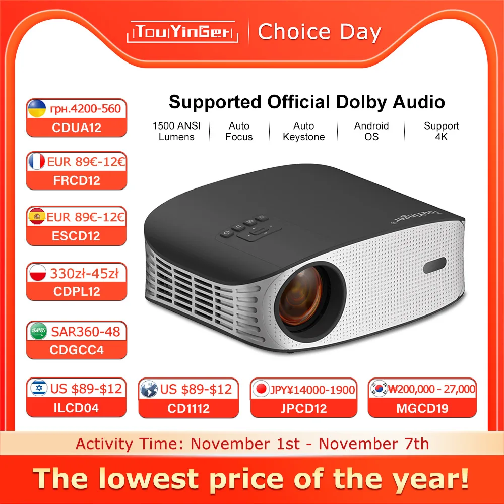 Touyinger ET32 1500ANSI Full HD 4K Projector  5G WIFI Home theater Media Video Player Smart Beamer