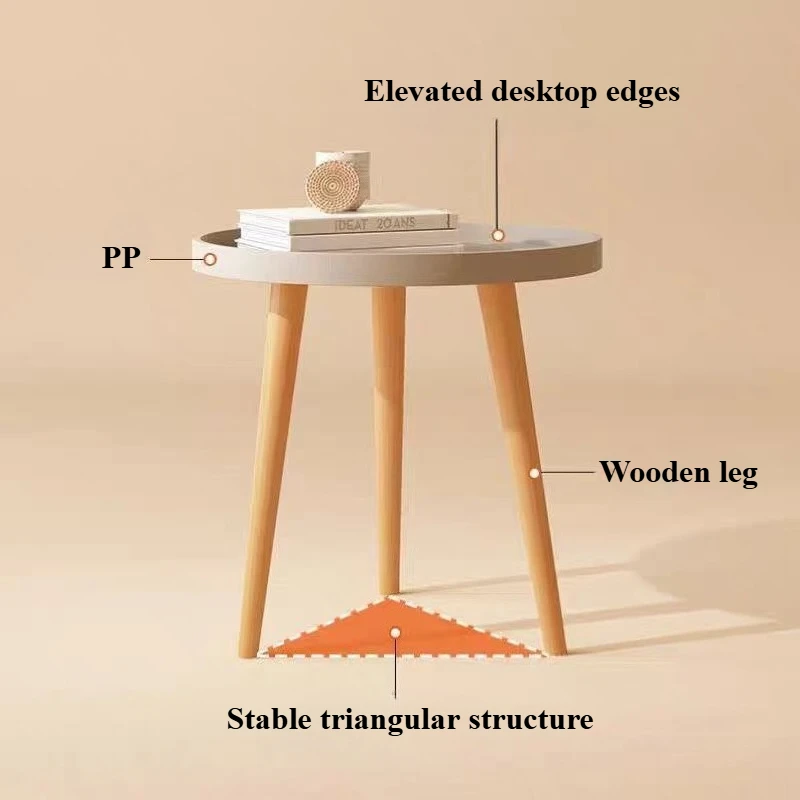 Mesa de centro minimalista, mesa redonda estilo nórdico com três pernas de madeira, mesa lateral usada para sala de estar, quarto e varanda